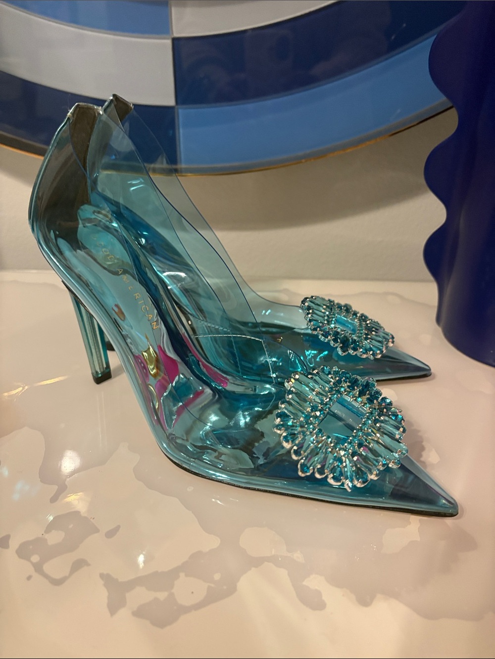 Good American Turquoise Crystal-Embellished Pointed Toe Pumps